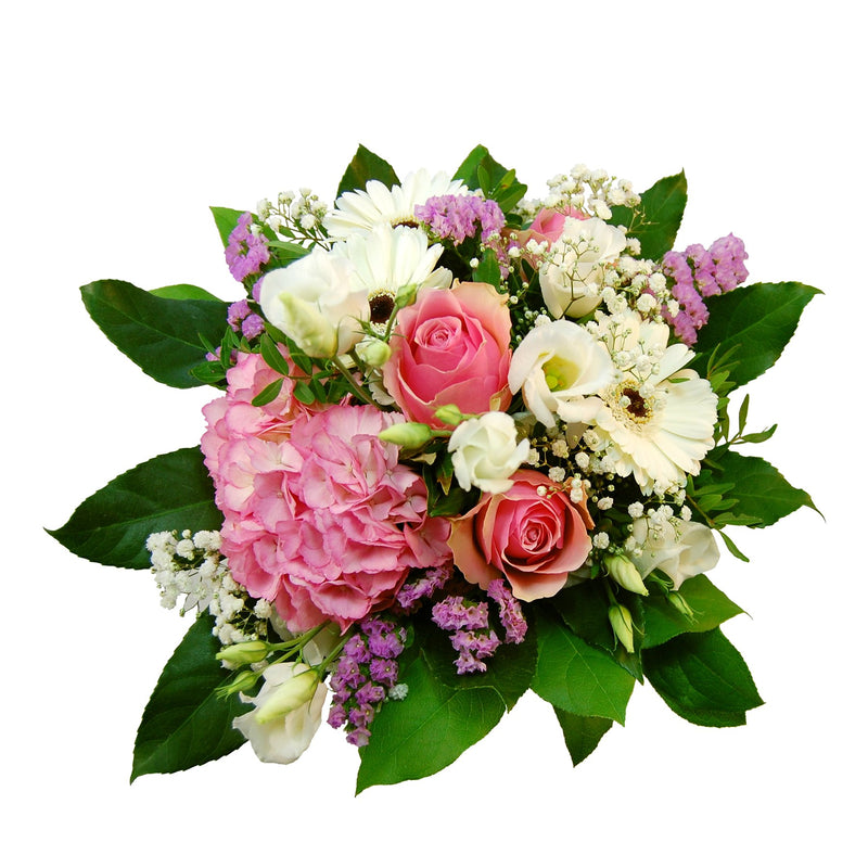 Blumenstrauß "Fanny" aus rosa Hortensie, rosafarbenen Rosen, weißen Germini und Lisianthus zum online bestellen bei Blumenversand FioreFelice. Dieser gefühlvolle Blumenstrauß erinnert an eine kleine, fröhliche Blumeninsel inmitten einer ländlichen Sommeridylle. Ein Strauß zum Ergötzen und Träumen von einem endlosen Sommer. 