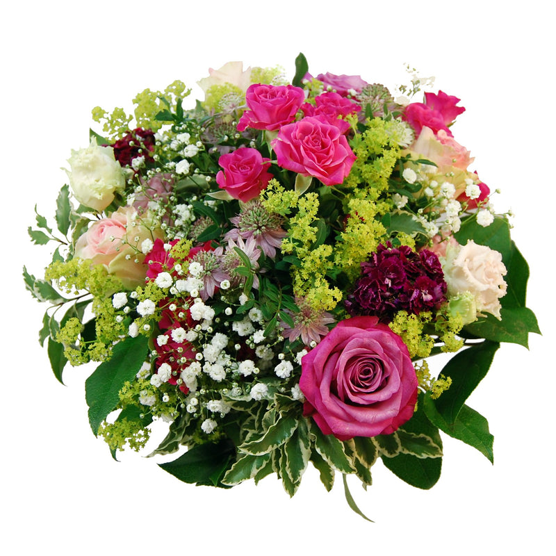 Blumenstrauß „Cindy“ mit Rosen, Lisianthus, Bartnelke und Sterndolden (extra groß)