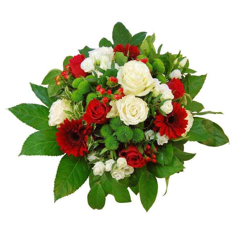 Exzellentes reizvolles Rosenbouquet aus feuerroten und weißen Rosen mit knackigen Hypericum-Beeren, die ein Hauch von Charme hineinbringen. Einfach den Blumenstrauß „Marilyn“ verschenken und Sie können den Herzschlag des Empfängers bereits hören.(extra groß)