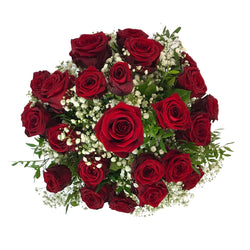 Rote Rosen aus Ecuador, floristisch gebunden mit Grün